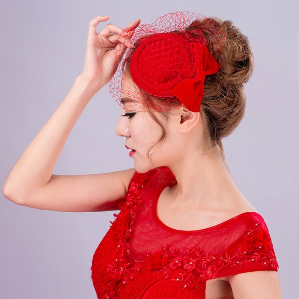 NEW Womens Fascinator Hats Red Bowknot Veil Wool Pillbox Hats