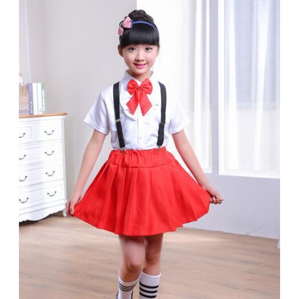 England Style Red Plaid Red Black Skirt White Shirt With Bow Tie