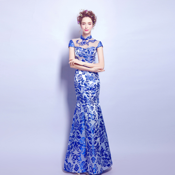 Blue and white chinese style mermaid women's wedding evening party ...