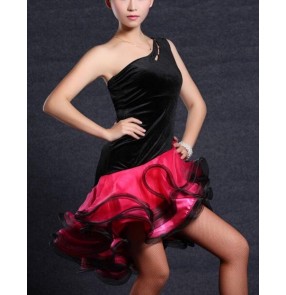 Black and fuchsia patchwork asymmetrical one shoulder backless girls women's ladies competition professional latin salsa cha cha dance dresses