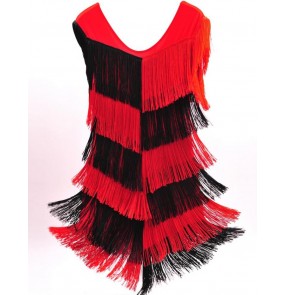 Black and red patchwork fringes tassels competition performance women's girls latin salsa dance dresses outfits