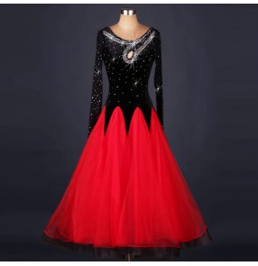Black and red patchwork long sleeves rhinestones competition women's long length ballroom waltz tango dancing dresses outfits