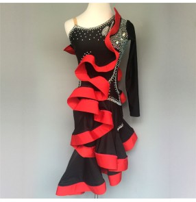 Black and red patchwork rhinestones luxury one shoulder competition girls women's latin cha cha salsa dance dresses