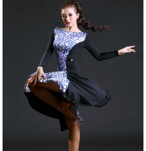 Black and white leopard black patchwork long sleeves fashion sexy girls women's competition latin dance samba salsa dresses