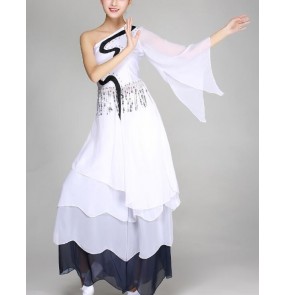 Black and white traditional ancient one shoulder modern dance fairy dancers singers cocktail party masquerade dancing dresses outfits costumes 