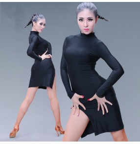 Black coffee turtle neck long sleeves side split women's ladies female competition stage performance latin salsa dance dresses outfits