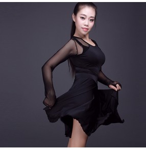 Black fashion see through mesh long sleeves microfiber women's ladies female competition performance latin dance cha cha dance dresses