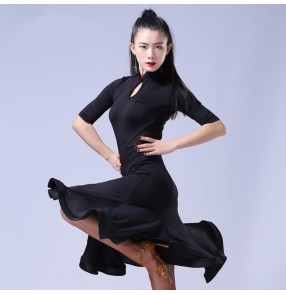 Black floral printed half sleeves competition performance professional women's latin salsa ballroom dance dresses outfits 