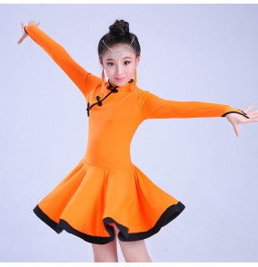 Black fuchsia hot pink orange long sleeves girls kids children competition performance latin salsa cha cha dance dresses