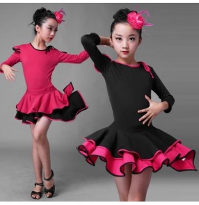 Black fuchsia patchwork long sleeves girls kids children growth school play stage performance latin salsa cha cha dance dresses outfits