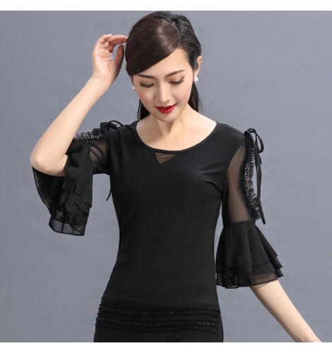 Black hollow shoulder half flare sleeves competition performance women ...