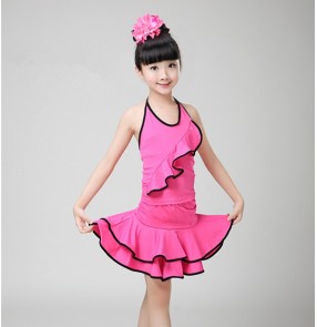 Black hot pink fuchsia red backless spandex girls kids children performance competition school play gymnastics latin salsa cha cha dance dresses outfits