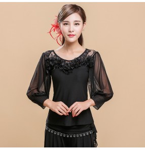 Black lace back patchwork long bishop sleeves competition women's female performance latin ballroom dance tops shirts