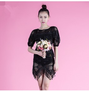 Black lace fringes tassels see through fashion women's girls short sleeves latin salsa cha cha competition dance dresses