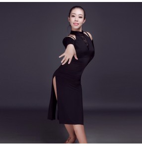 Black lace patchwork long sleeves exposure shoulder competition performance salsa cha cha dance dresses outfits costumes