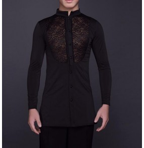 Black lace patchwork long sleeves stand collar men's man male competition performance exercises latin ballroom tango dance shirts tops