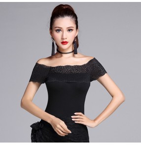 Black lace patchwork off shoulder slash neck sexy fashion competition performance women's girls ballroom latin cha cha dance tops blouses