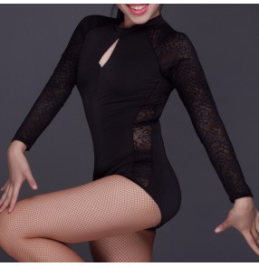 Black lace  see through long sleeves fashion girls women's competition performance exercises latin ballroom cha cha salsa dance tops leotards bodysuits
