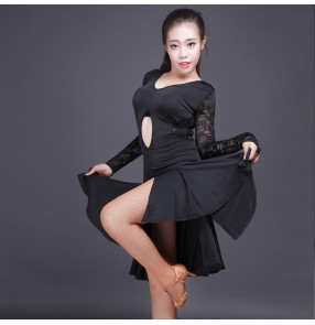 Black lace spandex patchwork sexy see through back split hem long sleeves hollow front fashion women's ladies female competition performance latin cha cha dance dresses outfits