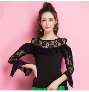 Black long lace hollow shoulder sleeves women's ladies competition performance latin ballroom dance tops 