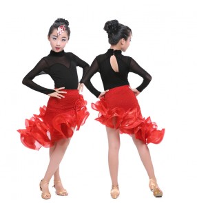 Black long sleeves leotard tops with red ruffle irregular hem skirts girls kids children latin salsa performance competition dance dresses oufits