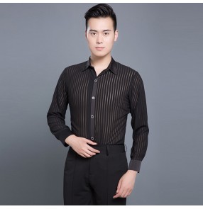 Black long sleeves striped down collar men's male competition stage performance competition spandex latin ballroom waltz chacha dancing shirts tops