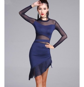 Black navy long sleeves see through front sleeves tassels fringes women's girls competition latin salsa cha cha dance dresses