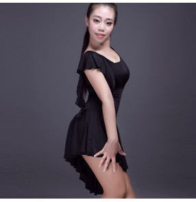 Black one shoulder long sleeves sexy fashion ladies female women's gymnastics performance latin cha cha dance dresses outfits