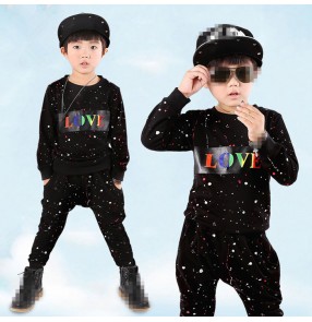 Black printed long sleeves boys kids children baby modern dance hip hop jazz drummer singer competition performance costumes outfits