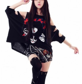 Black printed top and shorts women's girls ladies modern hip hop jazz singer  dance stage performance outfits costumes