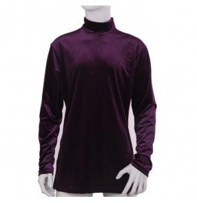 Black purple velvet long sleeves turtle neck men's male competition stage performance ballroom latin dancing tops shirts