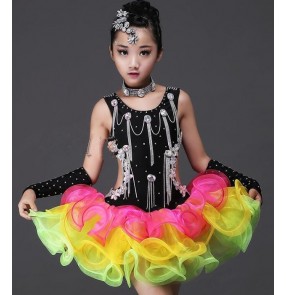 Black rainbow colored rhinestones handmade competition girls kids children ballroom latin salsa dance dresses costumes
