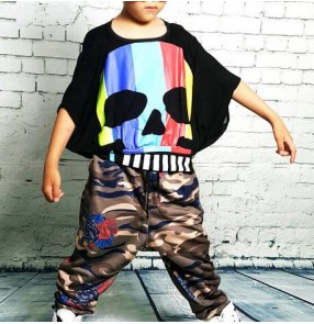 Black rainbow skull printed loose tops camouflage printed harem pants boys kids children stage performance hip hop dance costumes outfits