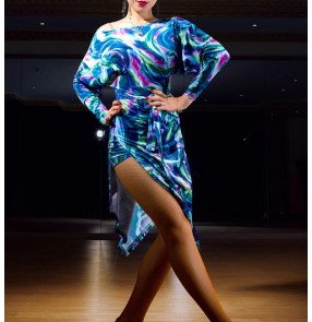 Black red blue floral printed loose batwing sleeves backless competition performance latin salsa cha cha dance dresses outfits