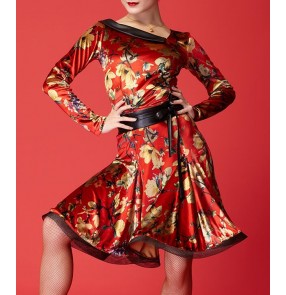 Black red floral printed long sleeves with sashes women's girls competition velvet latin salsa rumba cha cha dance dresses 