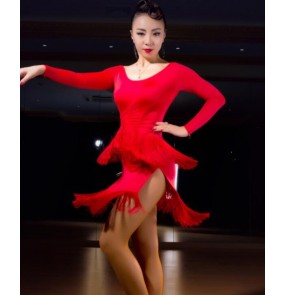 Black red fringes layers sexy fashion girls women's latin salsa cha cha dance dresses outfits costumes