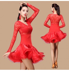 Black red fuchsia hot pink royal blue lace patchwork long sleeves ruffles skirt fashion women's ladies competition performance latin cha cha salsa dancing dresses outfits