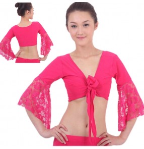 Black red fuchsia pink turquoise royal blue purple long lace flare sleeves cross front women's girls belly latin dance crop tops bra costumes