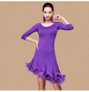 Black red fuchsia royal blue purple violet half sleeves lace patchwork women's ladies competition salsa cha cha latin dance dresses outfits