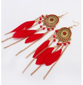 Black red ivory white turquoise blue nature feather fashion women's girls dance dress long length fringes earring ear stud