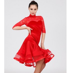 Black red lace velvet patchwork long sleeves see through back competition women's ladies ruffles skirt with leotards tops stage performance professional ballroom tango dance dresses outfits
