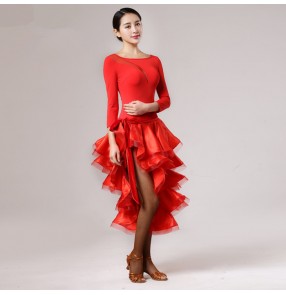 Black red microfiber women's ladies competition performance professional leotards tops wrap skirt  latin salsa samba dance dresses
