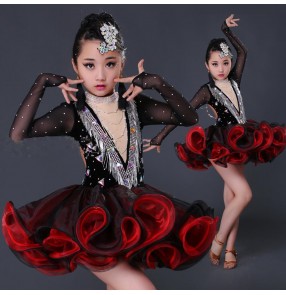 Black red patchwork long sleeves rhinestones luxury handmade girls competition ballroom latin dance dresses