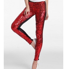 Black red royal blue fuchsia gold sequins leather patchwork tight fashion women's girls dancers jazz hip hop performance pencil pants trousers