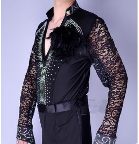 Black red royal blue lace rhinestones men's male v neck competition ballroom latin salsa dance dresses outfits leotards shirts costumes