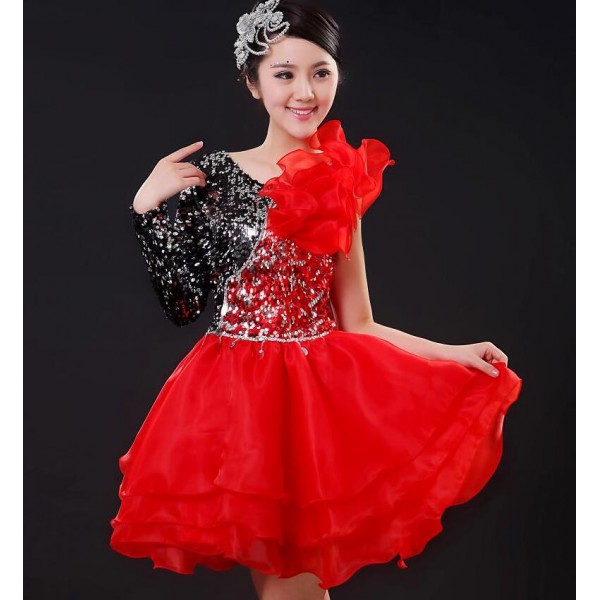 Black Red Sequins Paillette One Long Sleeves Ruffles Skirted Womens Girls Modern Dance Jazz 