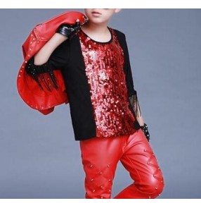 Black red sequins patchwork half sleeves fringes fashion boys kids children hip hip show competition jazz singer drummer dancing t shirt tops 