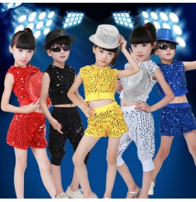 Black red silver red royal blue gold glitter sequins boys kids children girls competition performance jazz hip hop modern dance outfits costumes