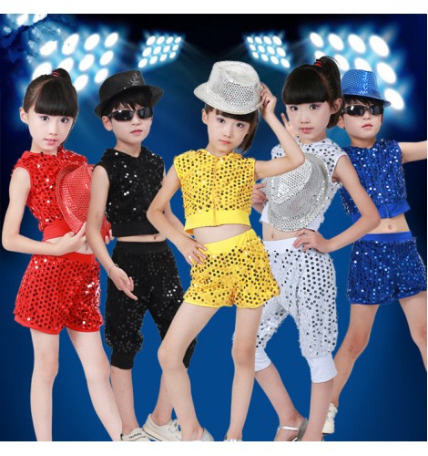 Black red silver red royal blue gold glitter sequins boys kids children  girls competition performance jazz hip hop modern dance outfits costumes