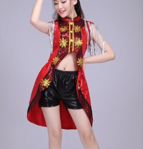 Black red silver sequins tuxedo tops leather shorts fashion sexy performance girls women's jazz singer hip hop night club bar dancing outfits costumes